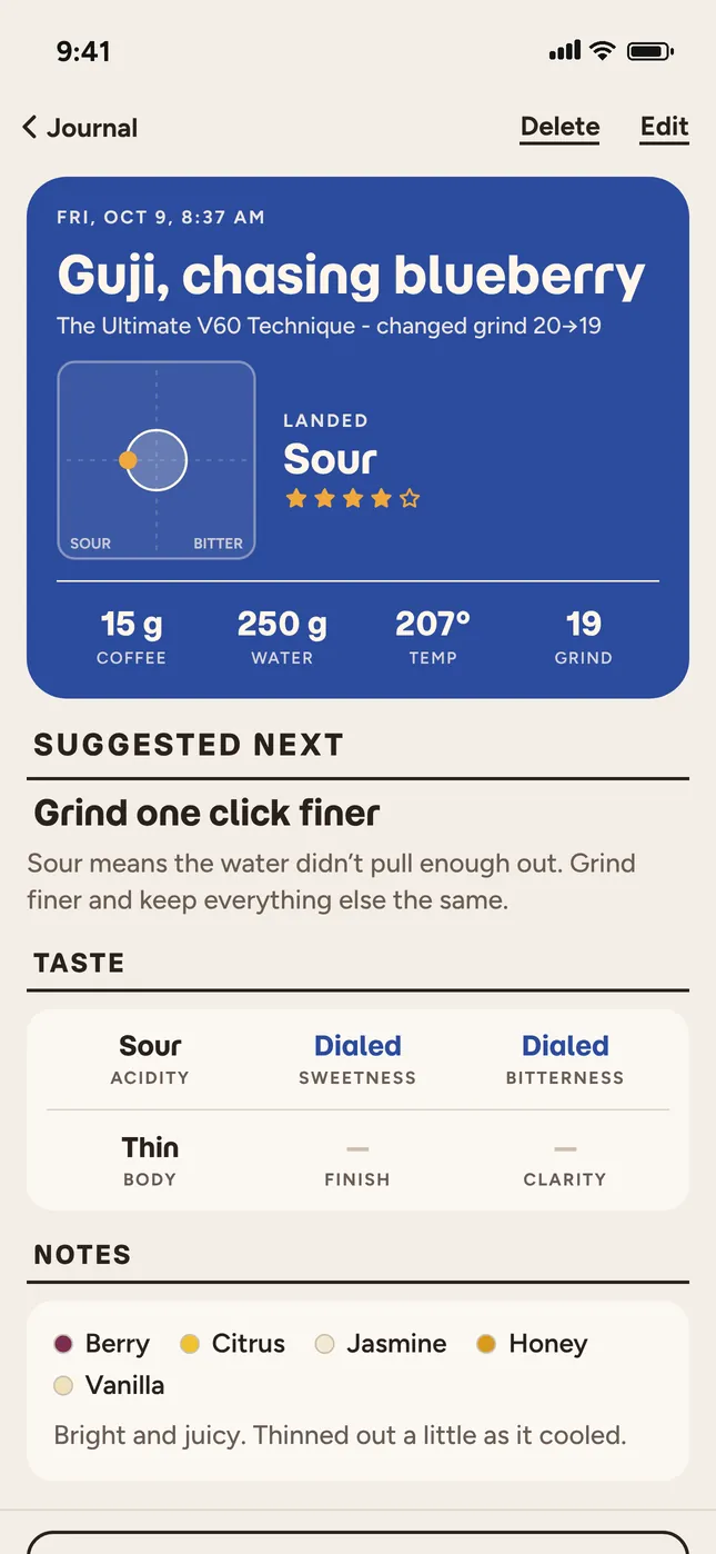 A journal entry: landed Sour, the next suggestion, taste words and flavor notes.