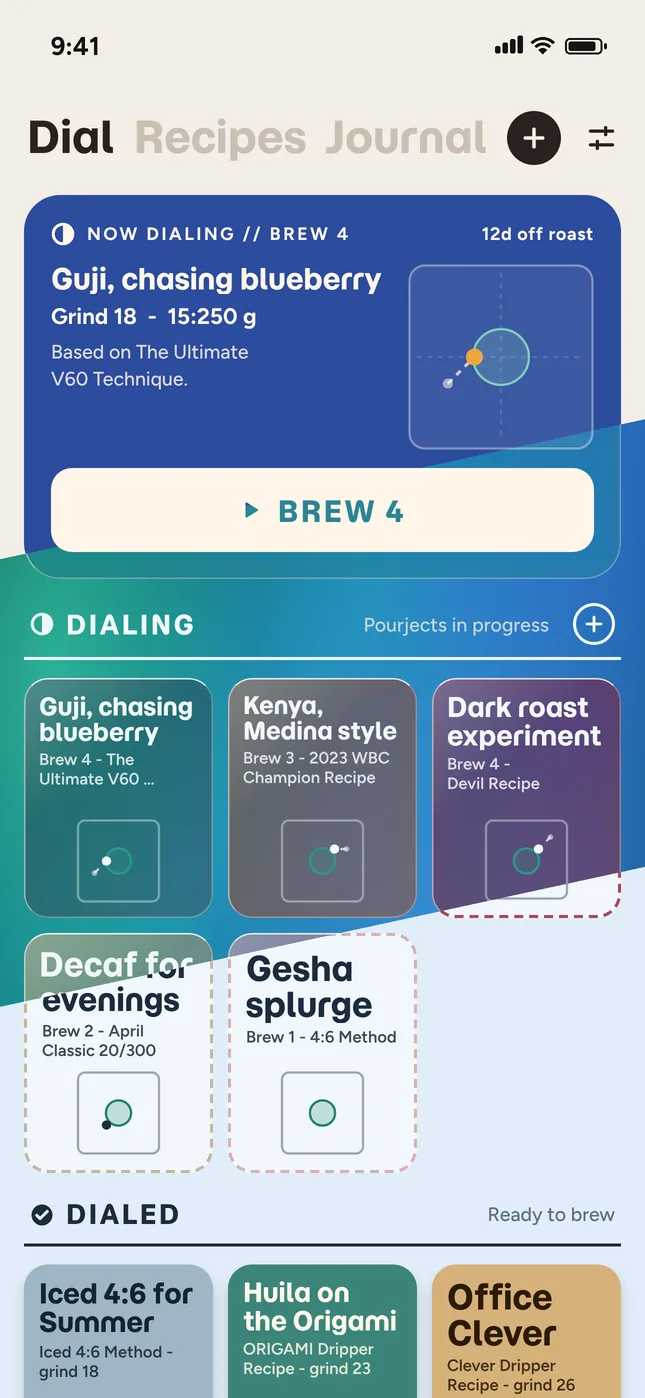 The Dial page split across three themes